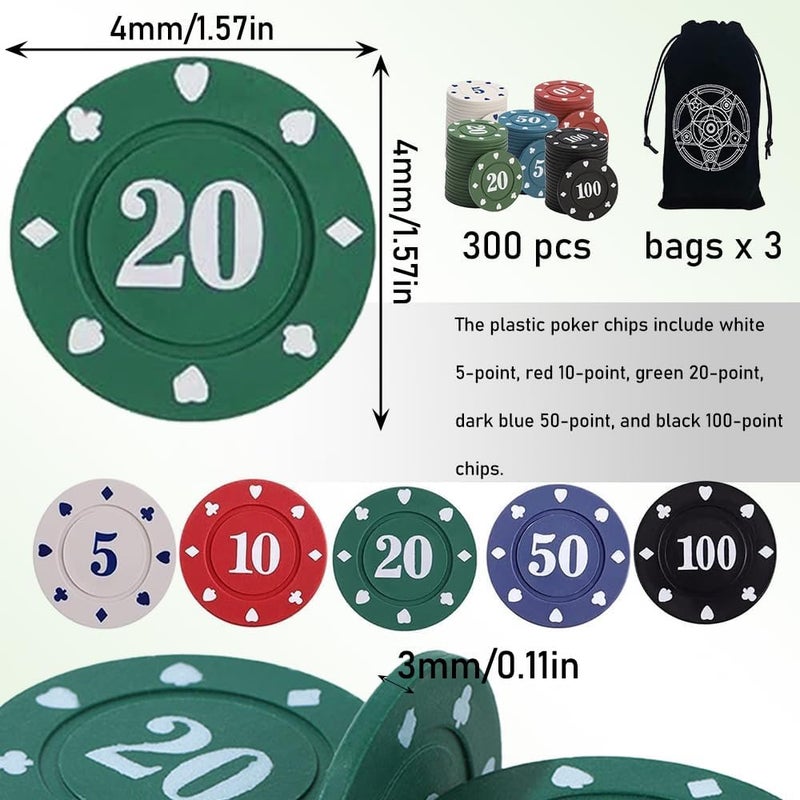 IXIGER 300Pcs Poker Chips, Plastic Casino Chips Set with Black Velvet Pouch Bag, Bulk Clay Fichas de Poker for Blackjack, Math Counting Chips, Texas Hold'em, Night Poker Games - Image 2